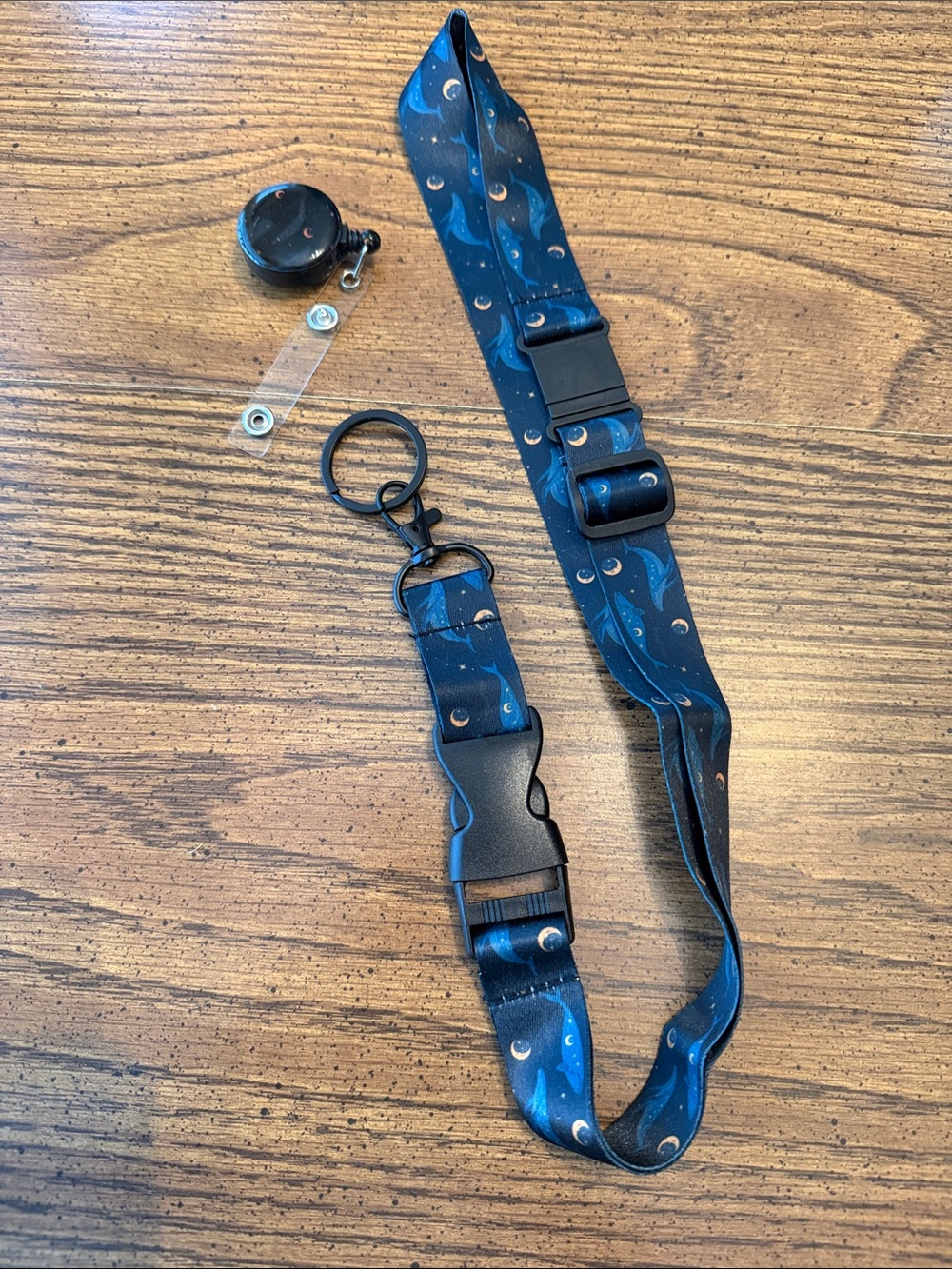 Blue Crescent Moon Lanyard with Badge Reel and Key Ring